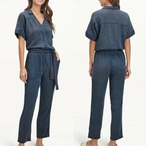 Splendid Navy Soleil Jumpsuit Tie Waist Short Sleeve Collared